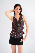 Monique Polkadot Cowl Neck Top in Brown and Blue