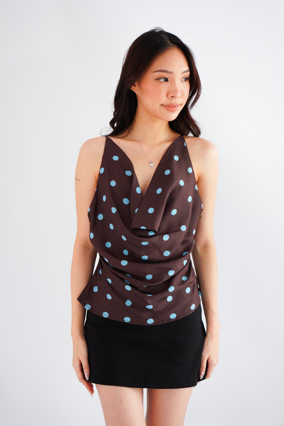 Monique Polkadot Cowl Neck Top in Brown and Blue