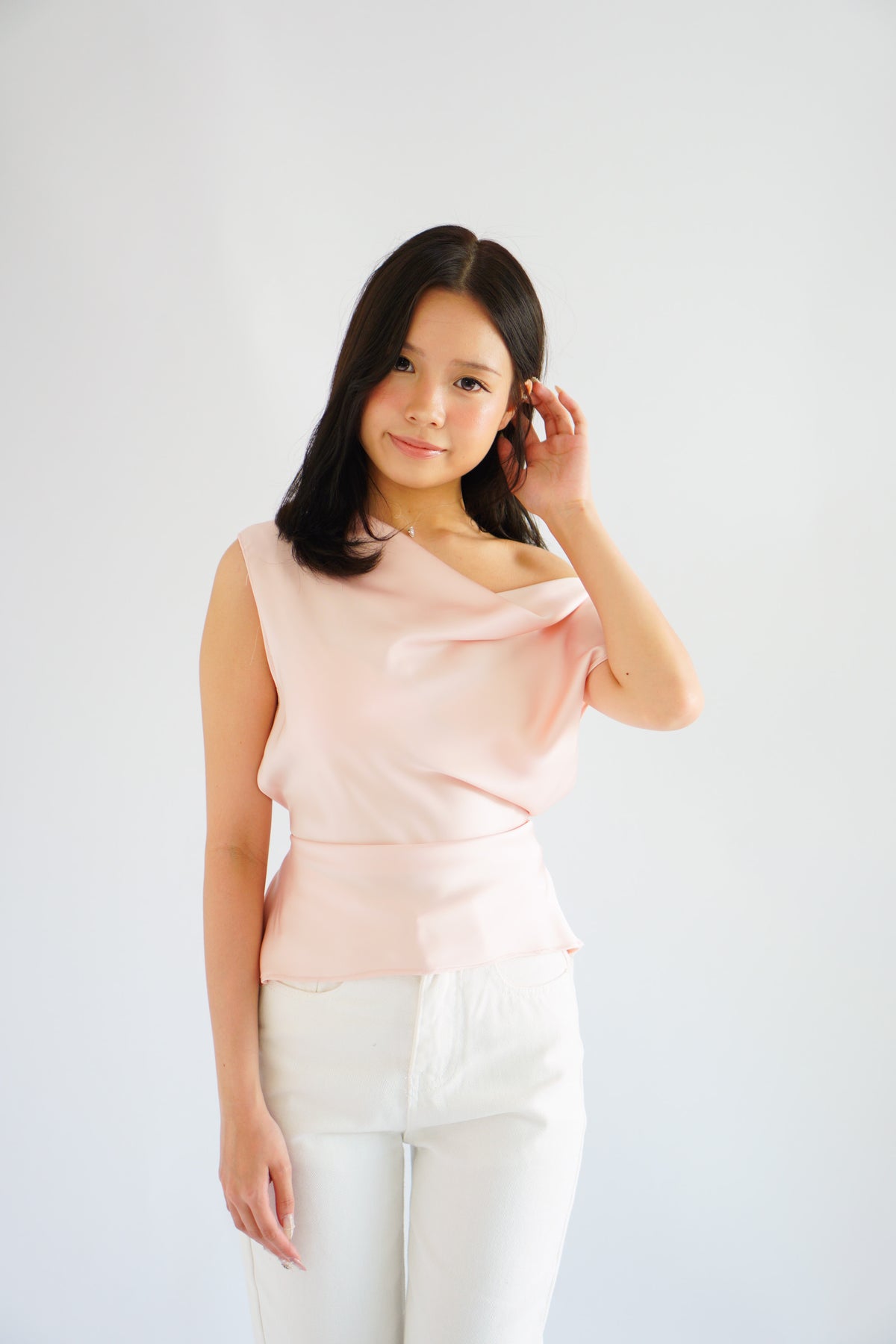 Dreameria Cowl Neck Satin Top in Pink