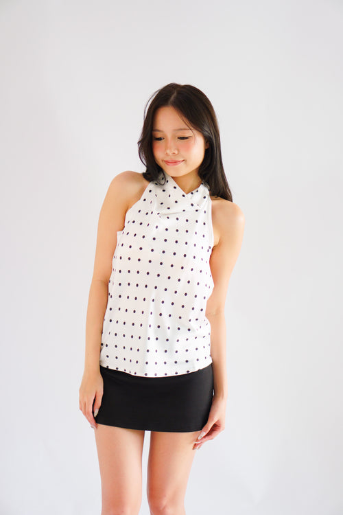 Isabeau Polkadot Satin Halter Top in White