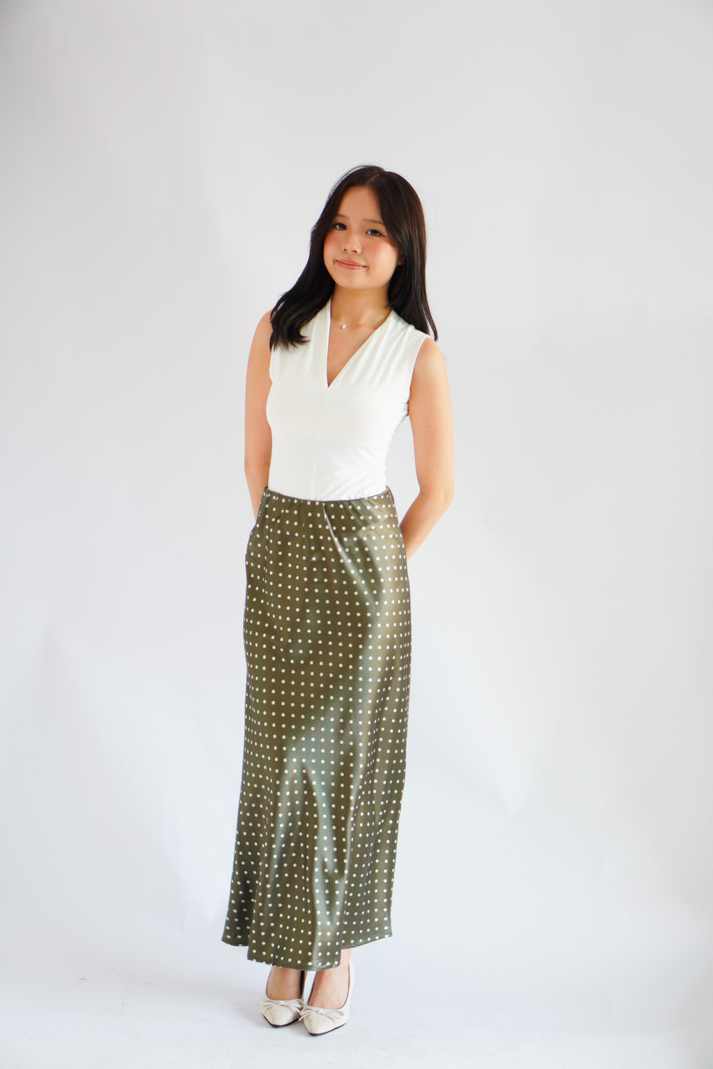 Nerami Polkadot Satin Skirt in Green