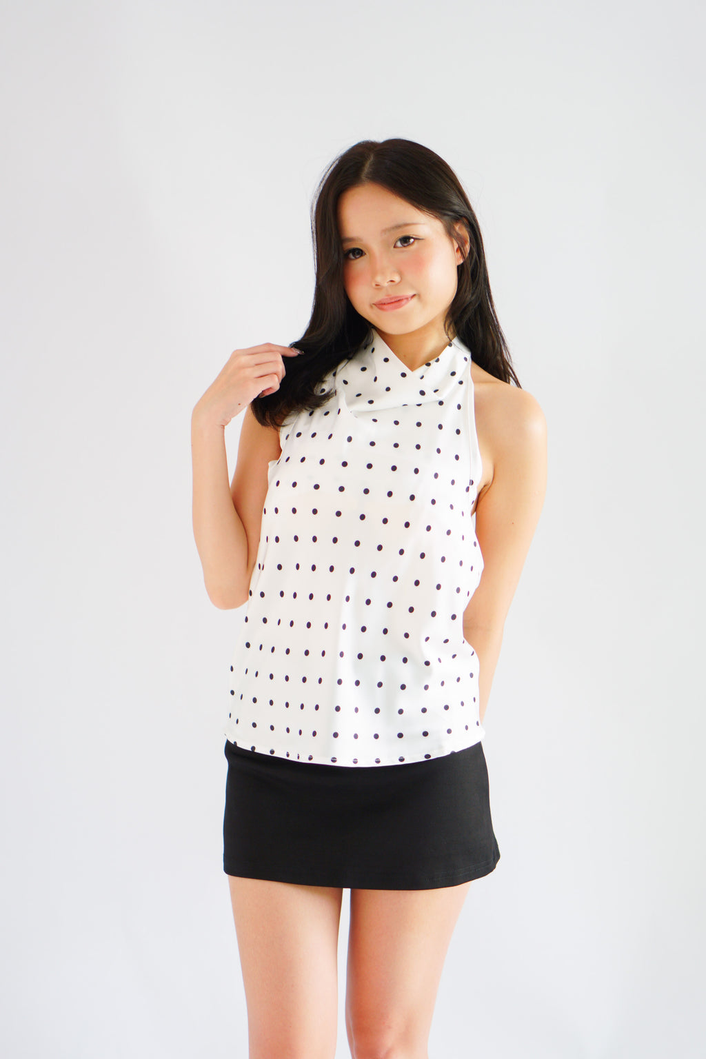 Isabeau Polkadot Satin Halter Top in White