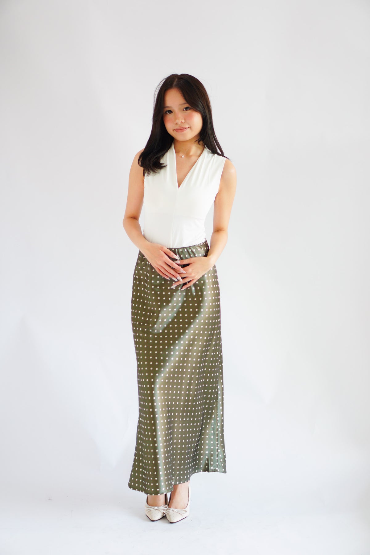 Nerami Polkadot Satin Skirt in Green