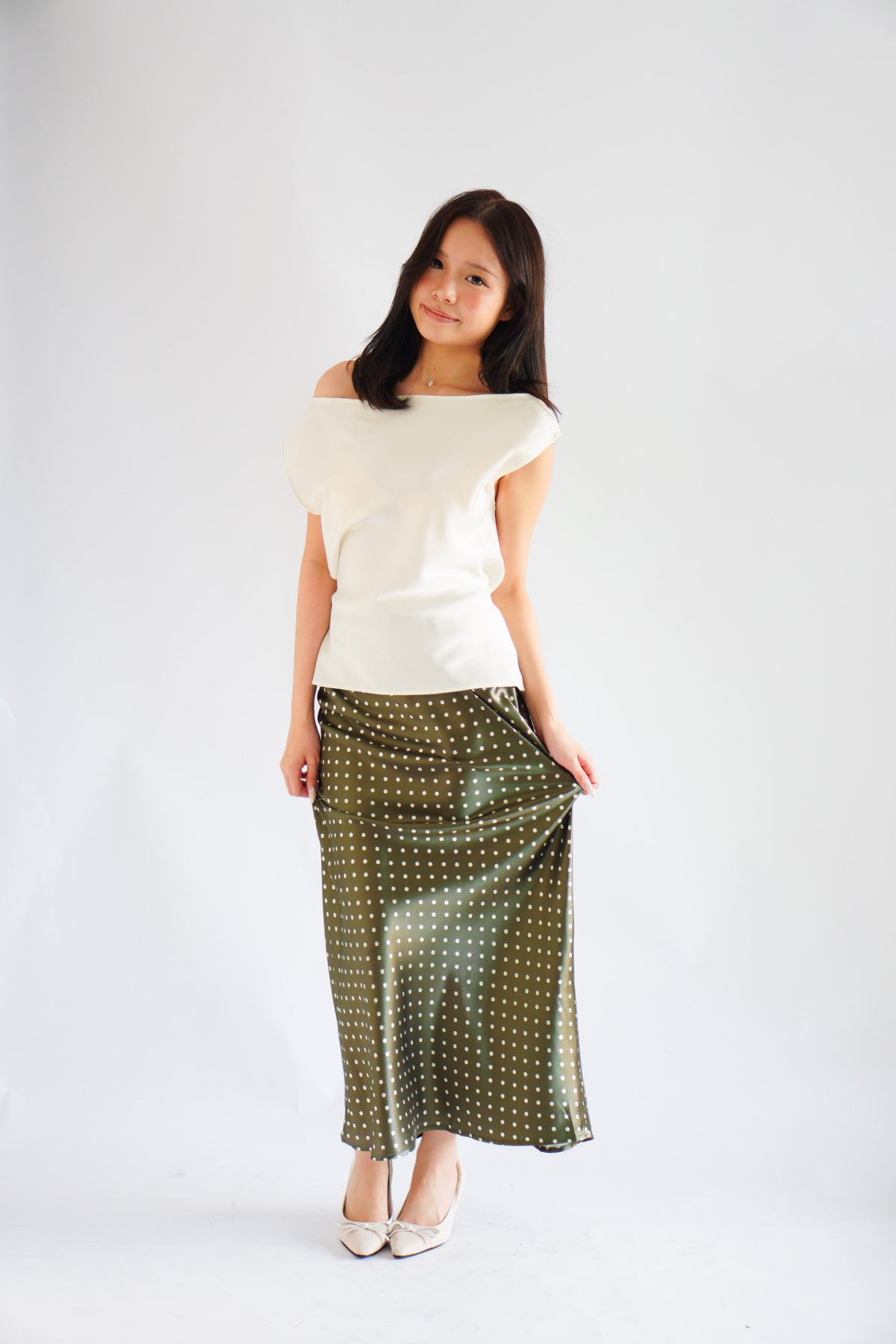 Nerami Polkadot Satin Skirt in Green