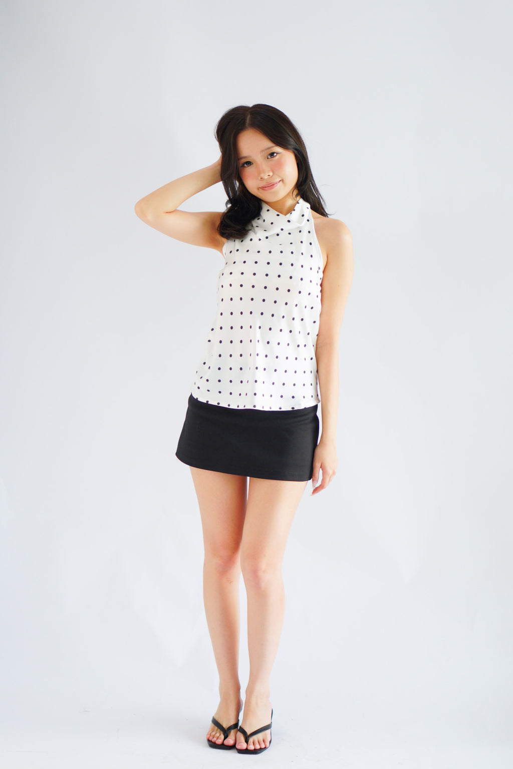 Isabeau Polkadot Satin Halter Top in White