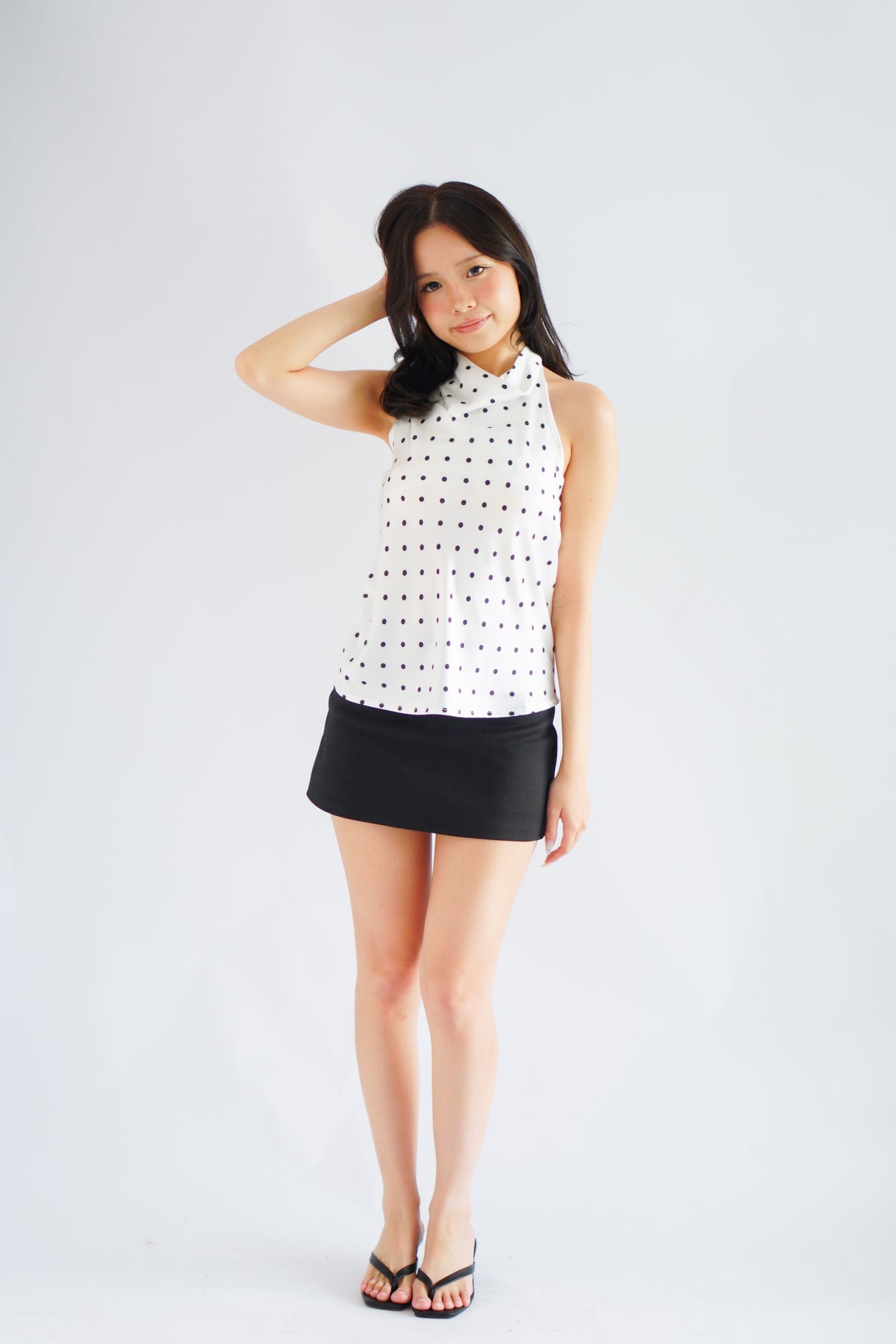 Isabeau Polkadot Satin Halter Top in White