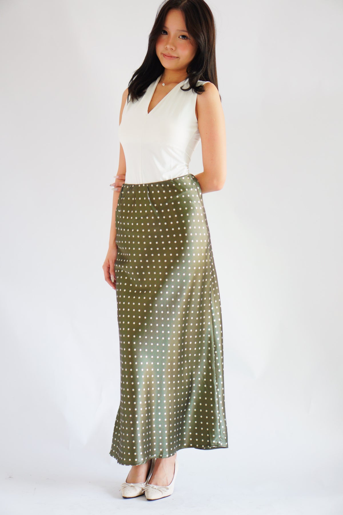 Nerami Polkadot Satin Skirt in Green