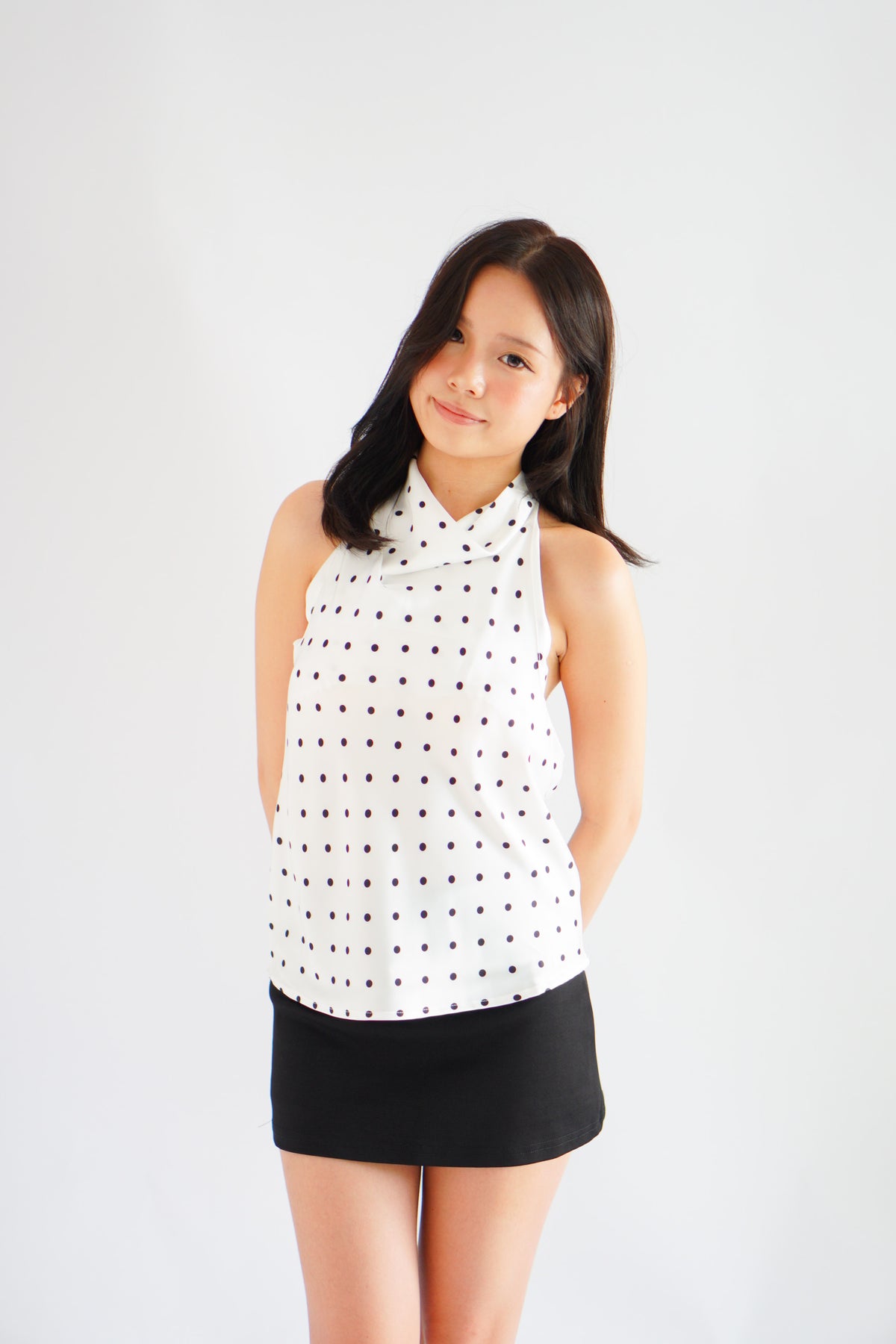 Isabeau Polkadot Satin Halter Top in White