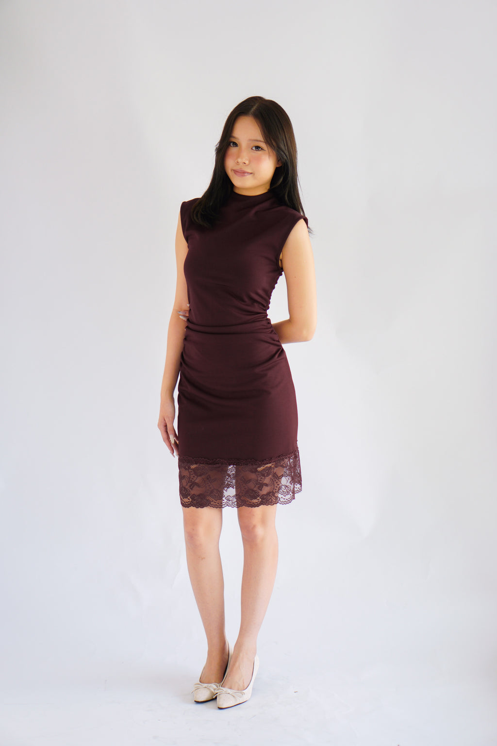 Faitheria High Neck Mini Bodycon Dress in Dark Red Purple
