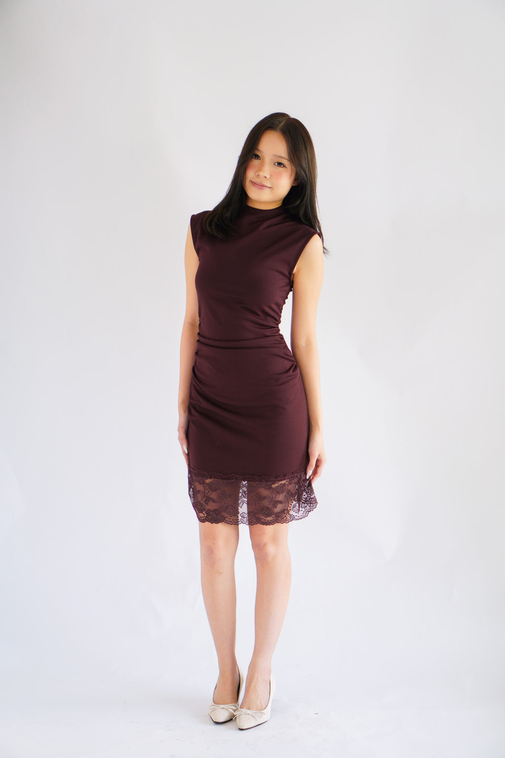 Faitheria High Neck Mini Bodycon Dress in Dark Red Purple