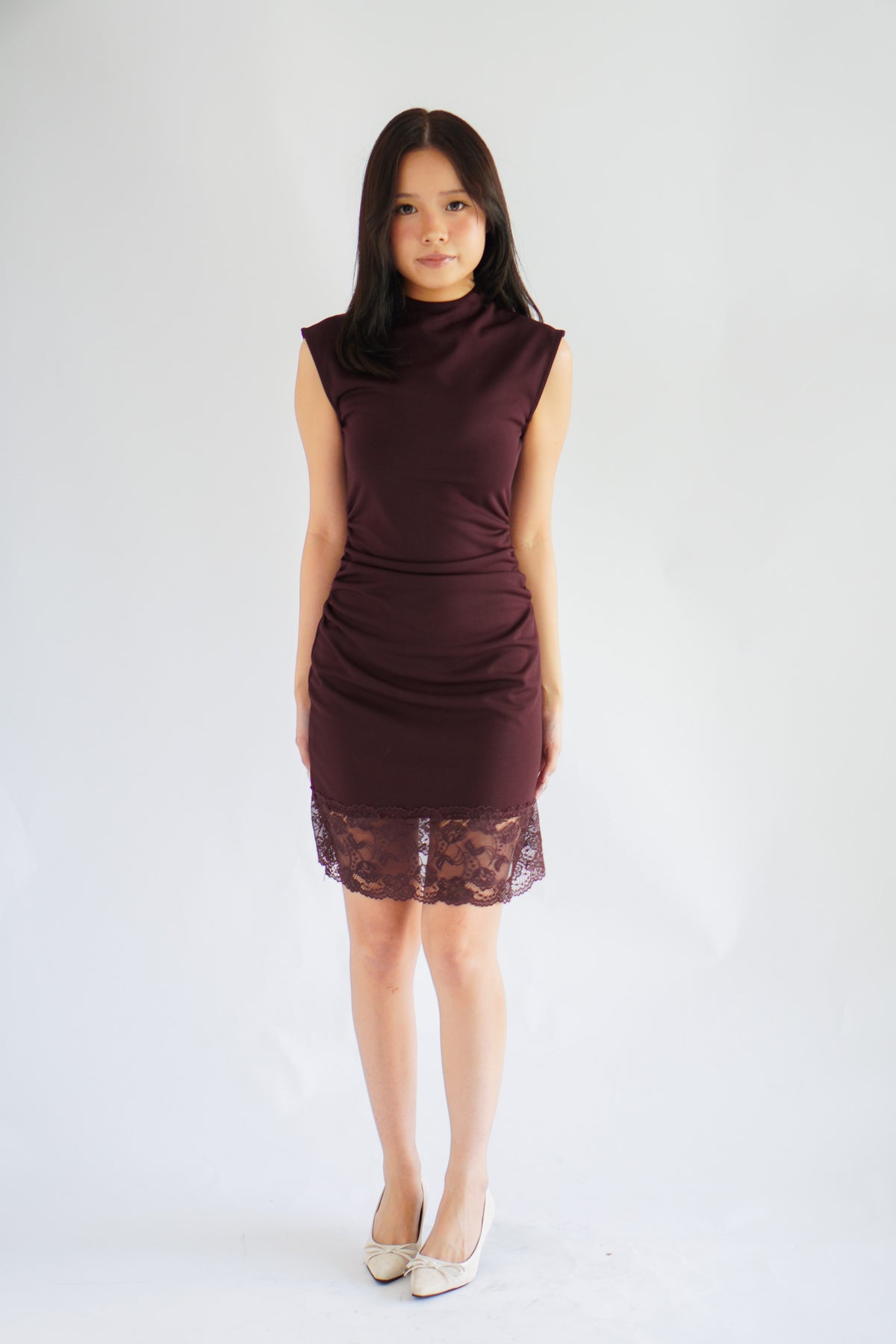 Faitheria High Neck Mini Bodycon Dress in Dark Red Purple