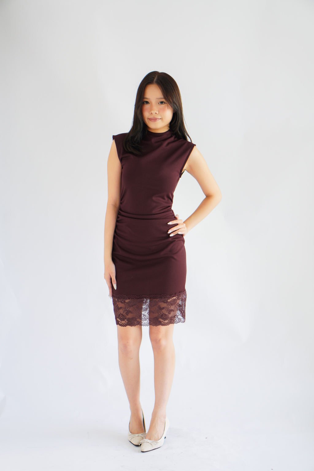Faitheria High Neck Mini Bodycon Dress in Dark Red Purple