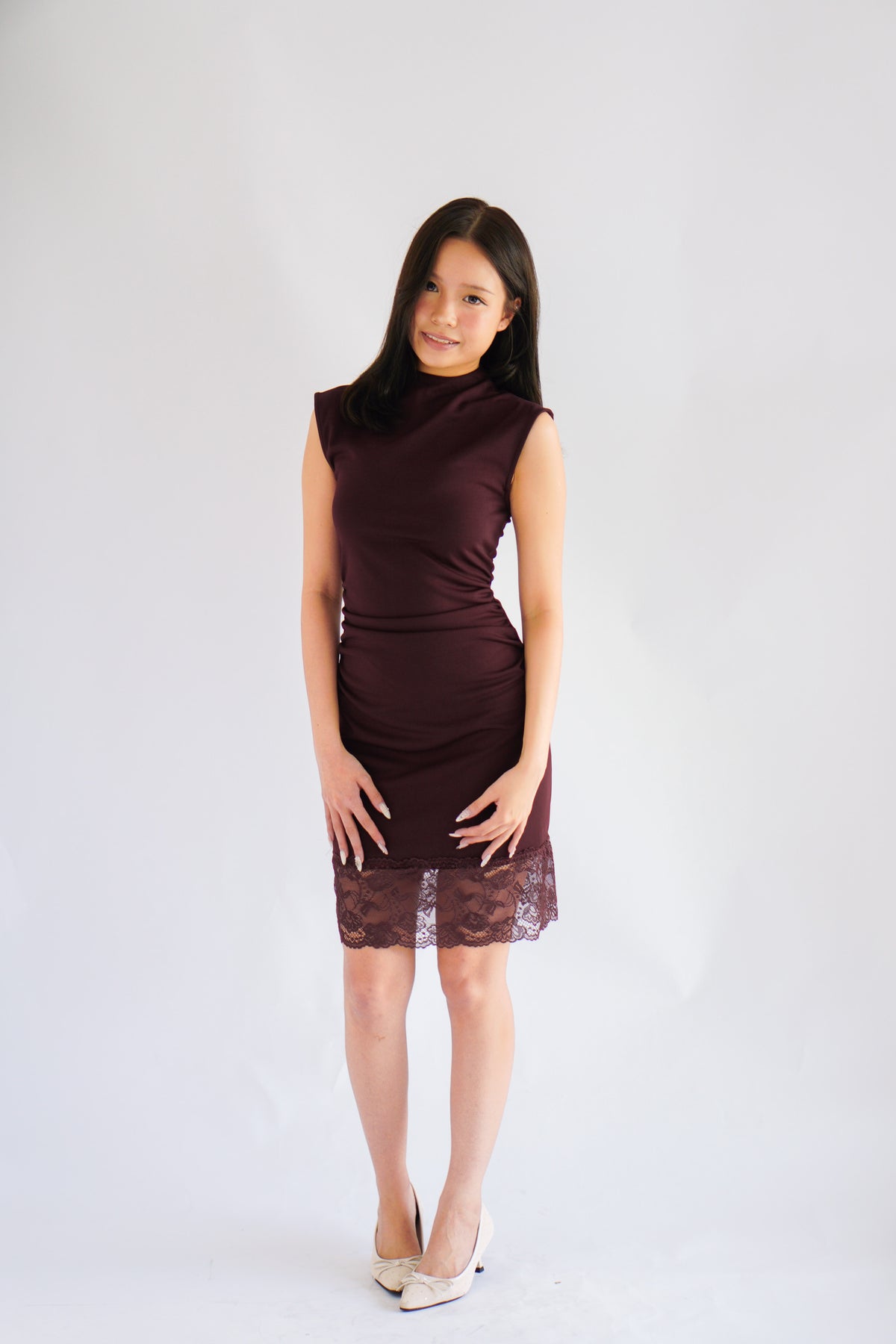 Faitheria High Neck Mini Bodycon Dress in Dark Red Purple