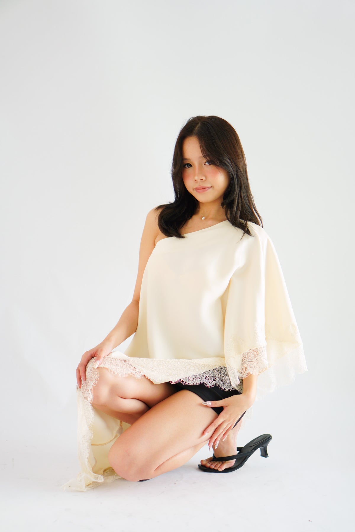 Marceline Lace Satin Toga Top in Cream