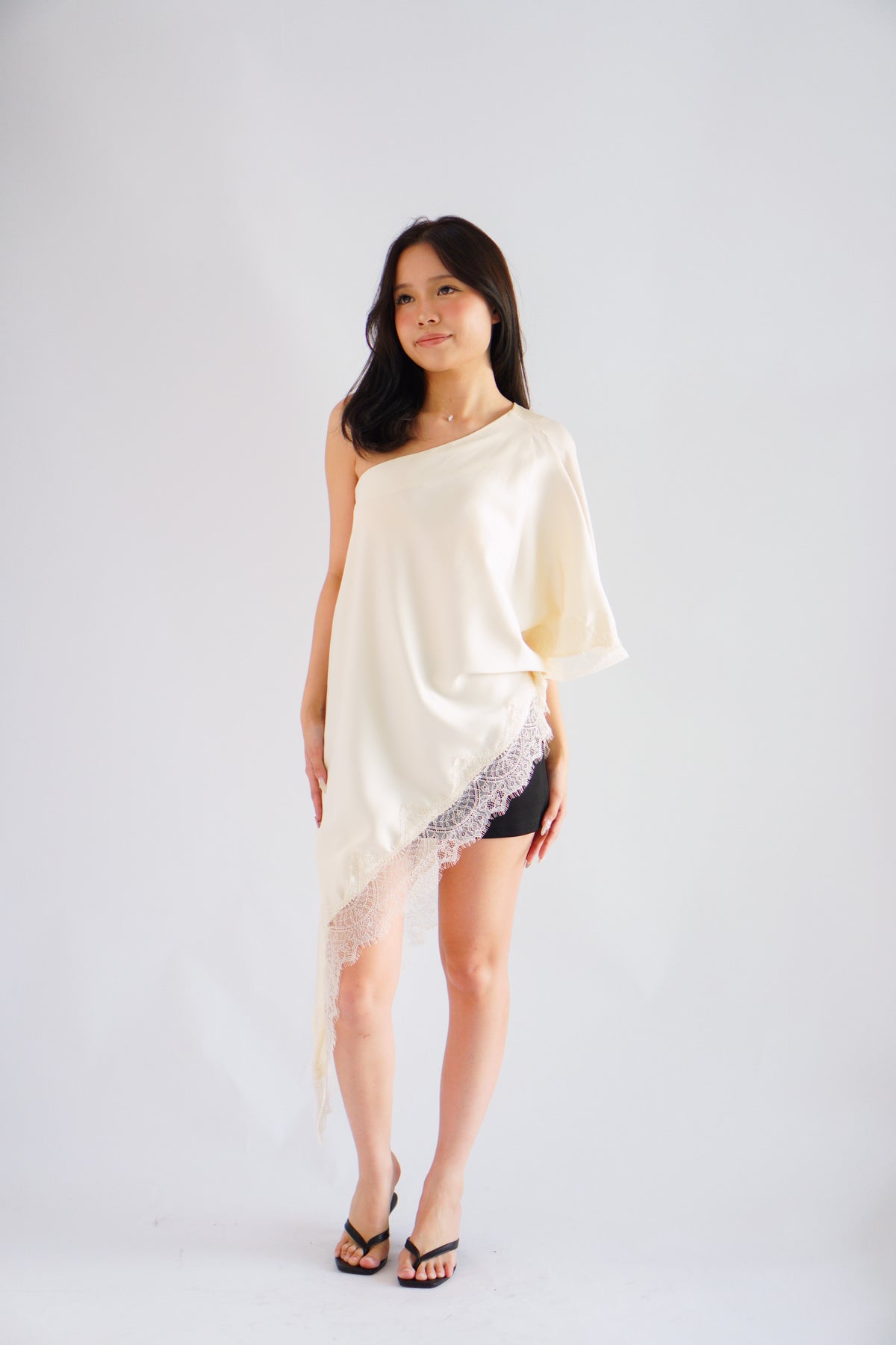 Marceline Lace Satin Toga Top in Cream