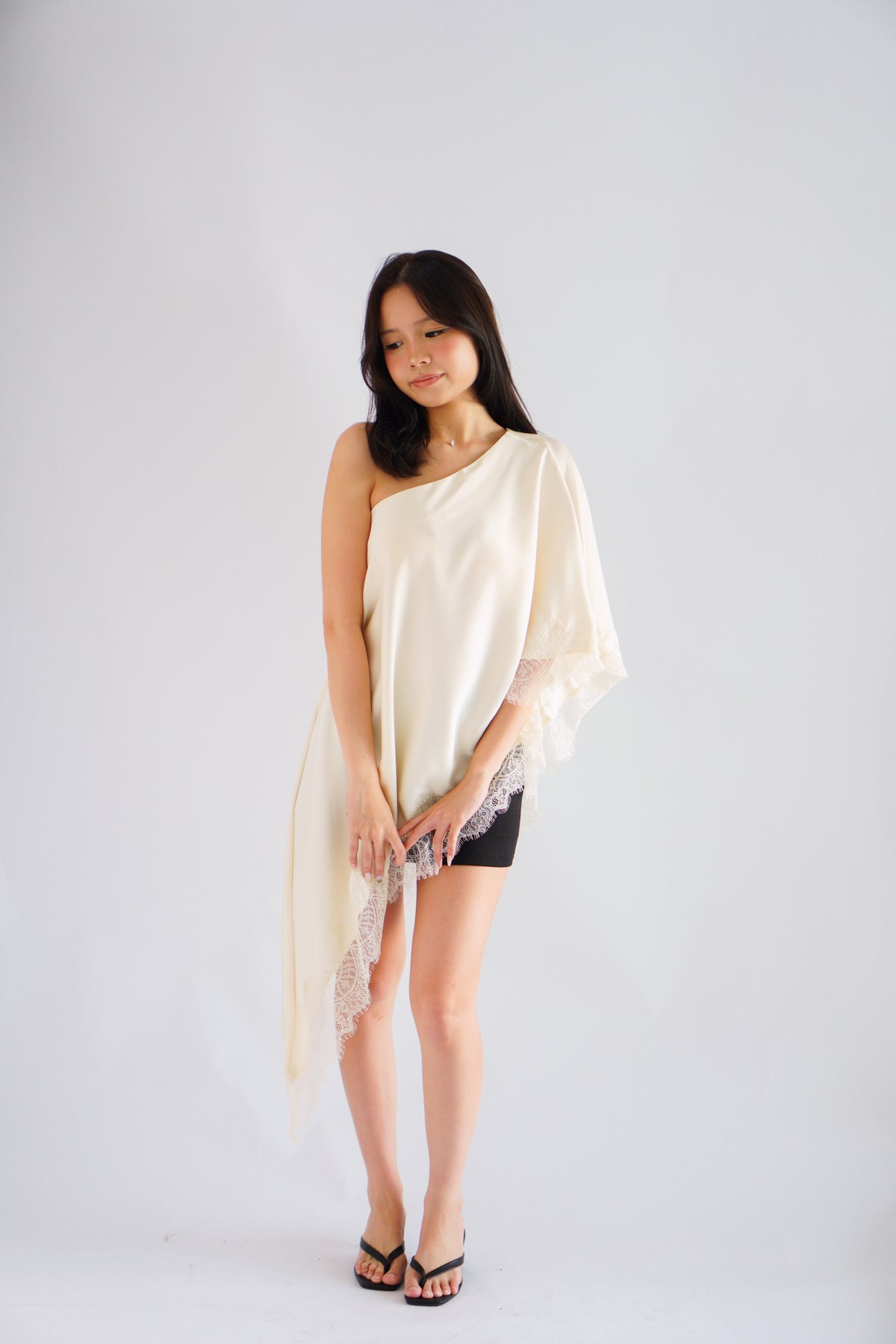 Marceline Lace Satin Toga Top in Cream