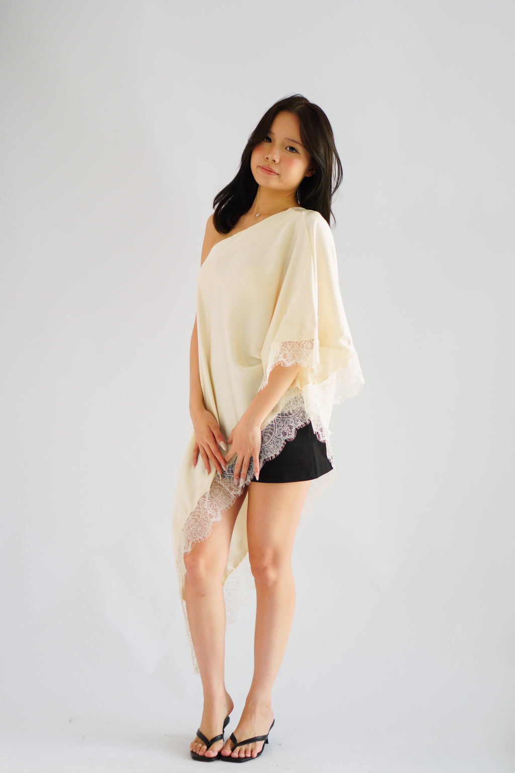 Marceline Lace Satin Toga Top in Cream