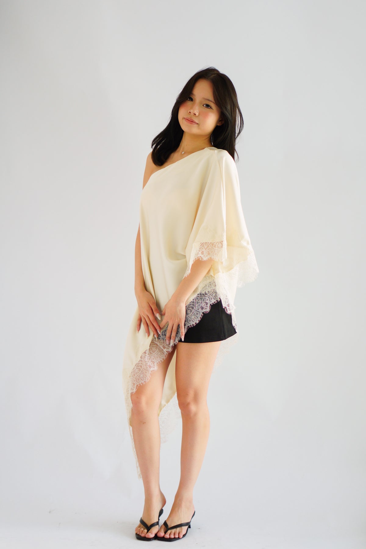Marceline Lace Satin Toga Top in Cream