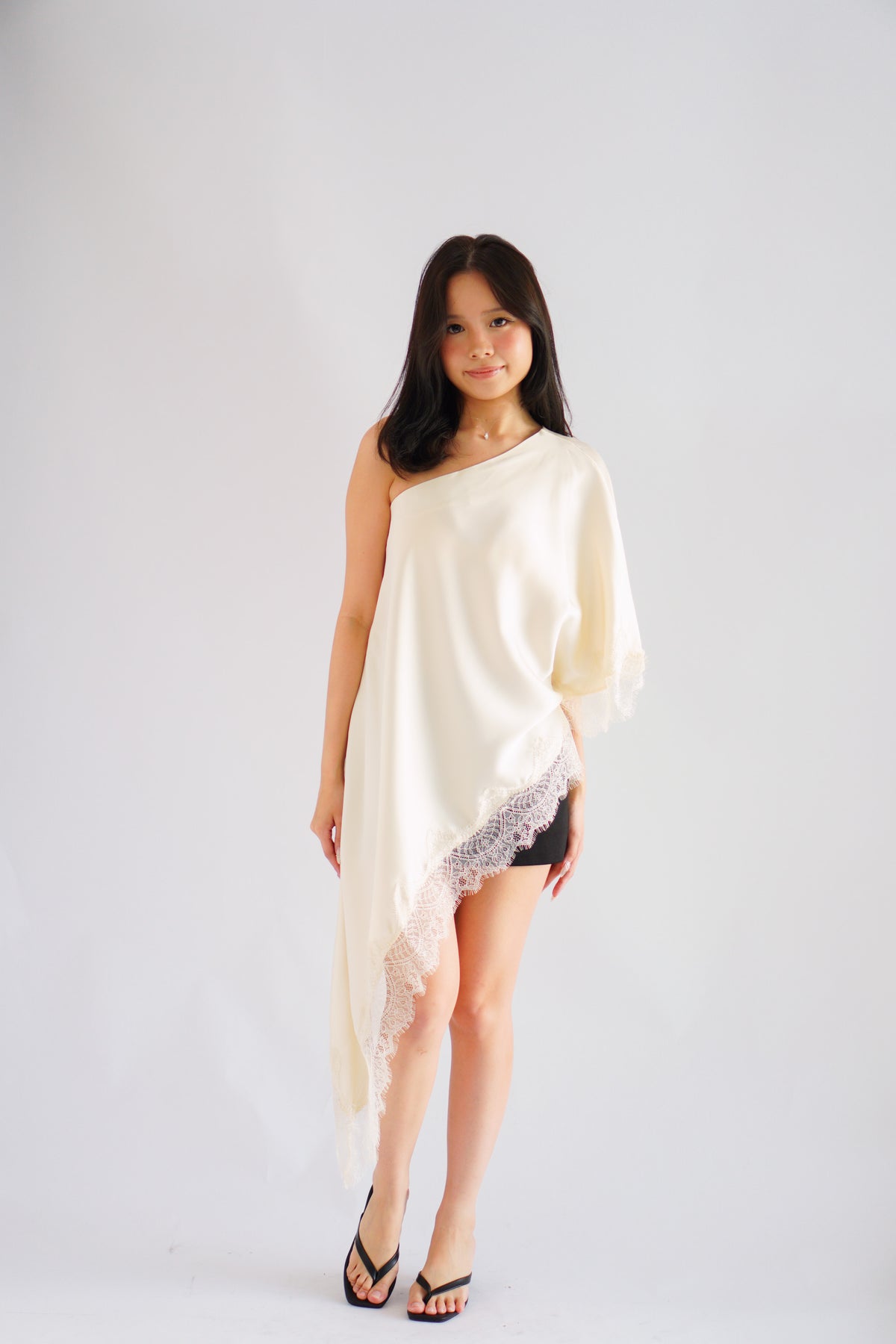 Marceline Lace Satin Toga Top in Cream