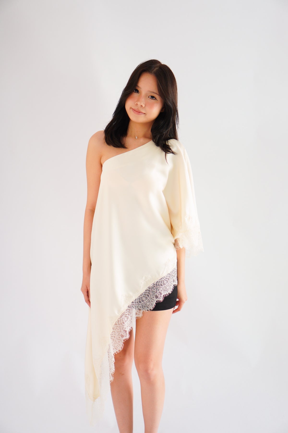 Marceline Lace Satin Toga Top in Cream