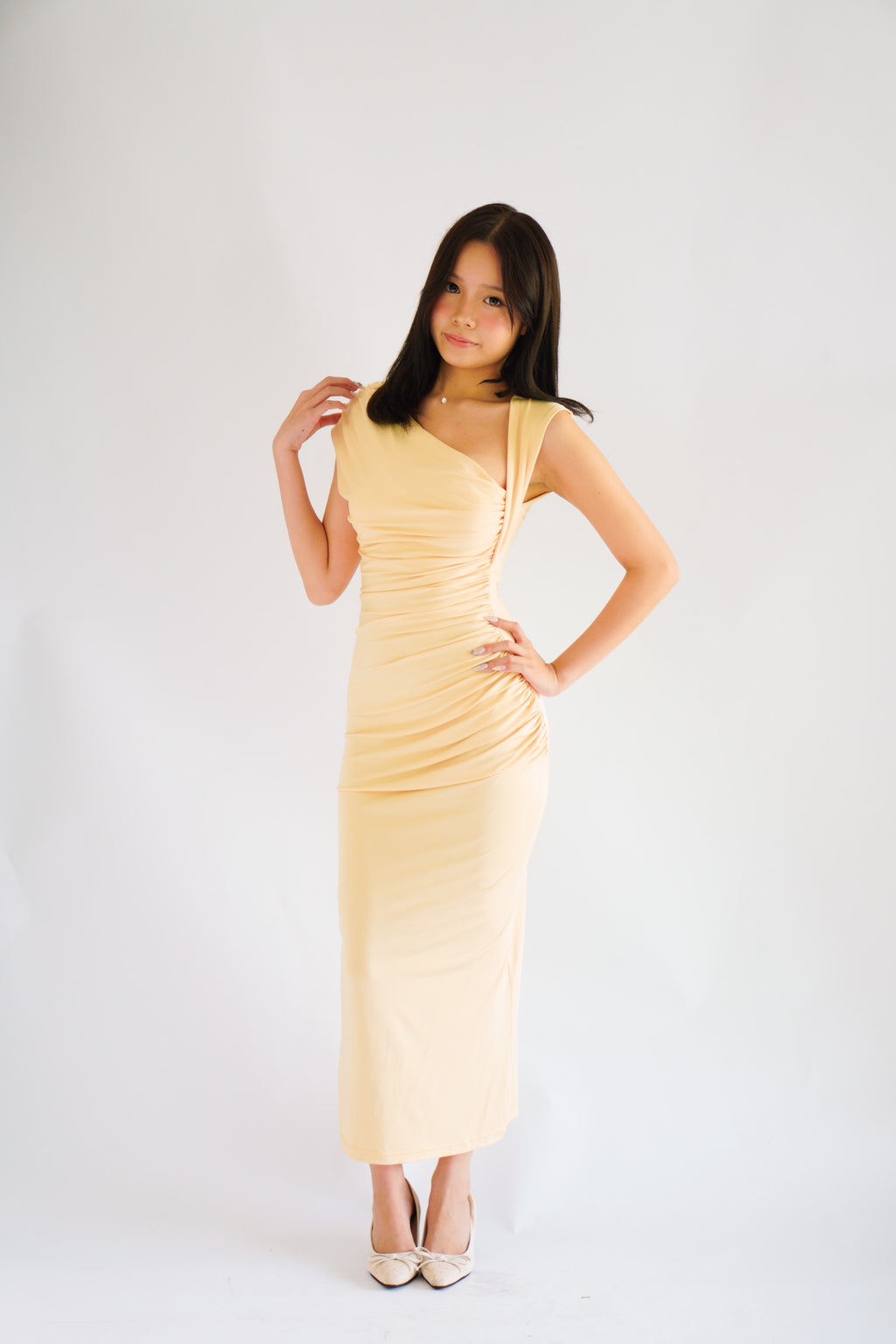 Kinzy Ruched Bodycon Maxi Dress in Yellow