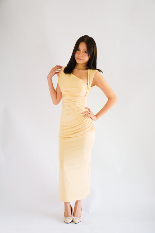 Kinzy Ruched Bodycon Maxi Dress in Yellow