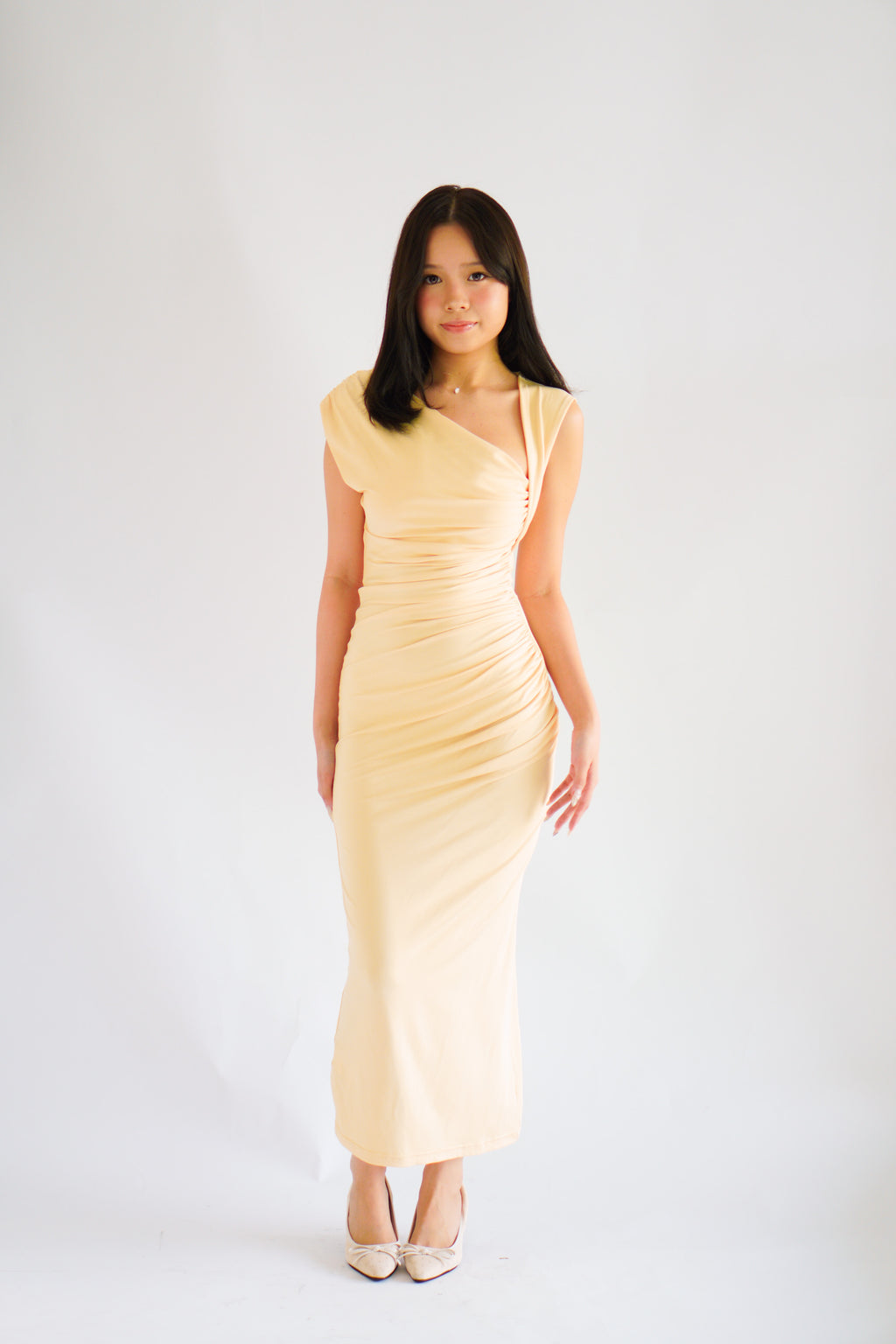 Kinzy Ruched Bodycon Maxi Dress in Yellow