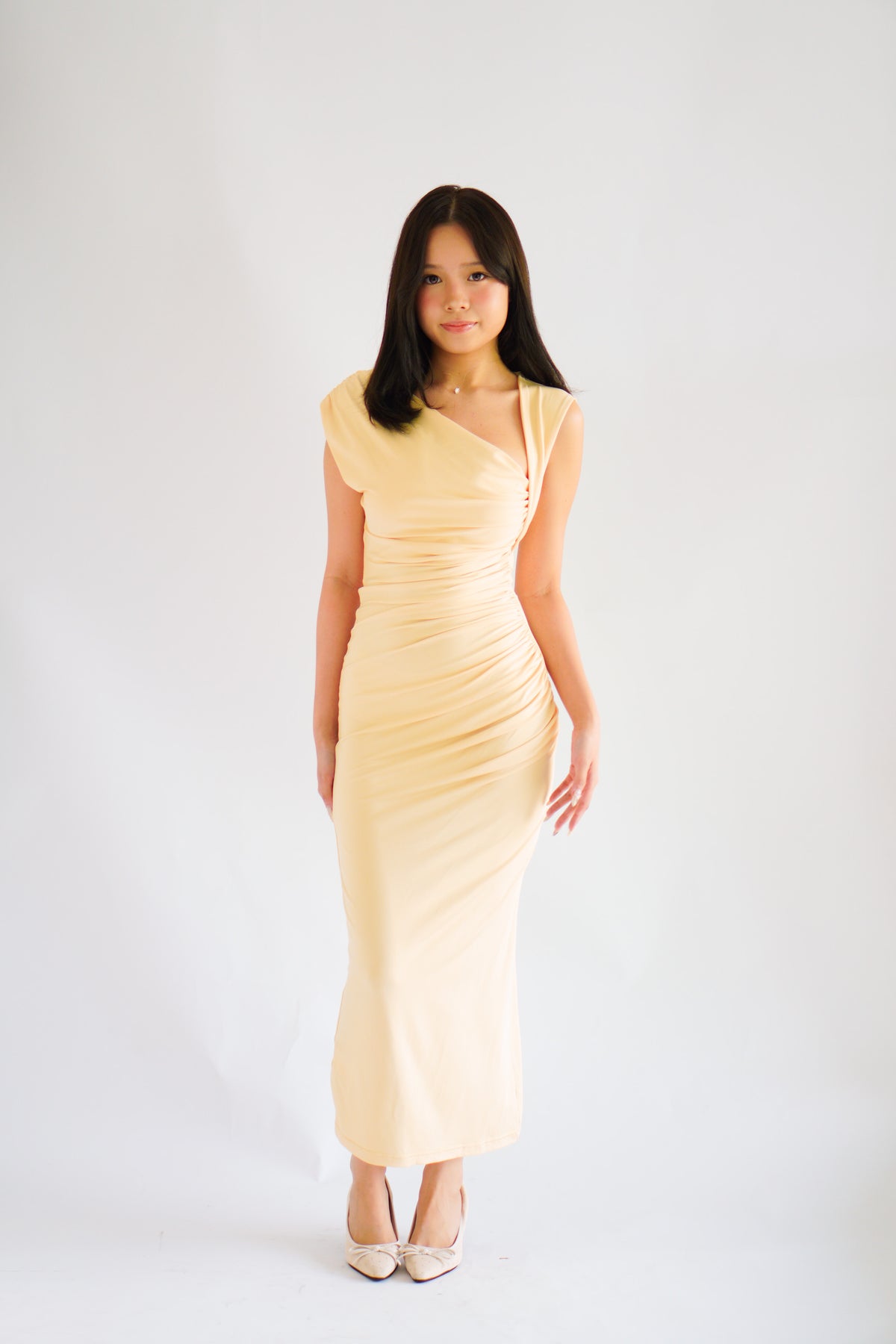 Kinzy Ruched Bodycon Maxi Dress in Yellow