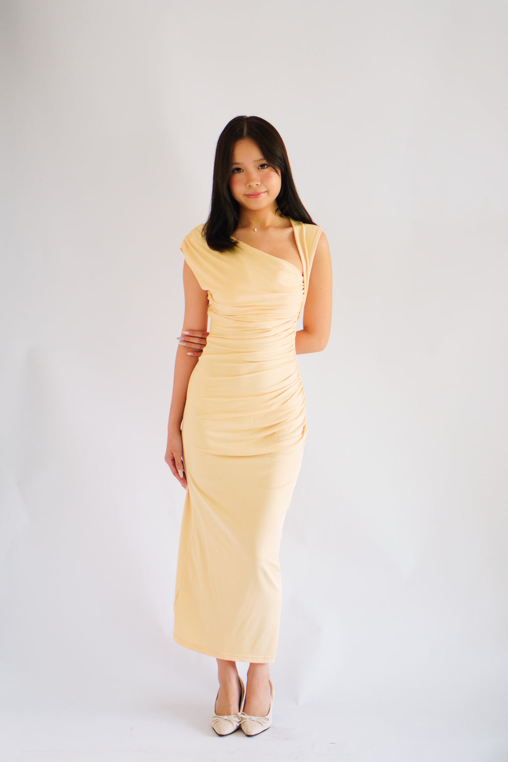 Kinzy Ruched Bodycon Maxi Dress in Yellow
