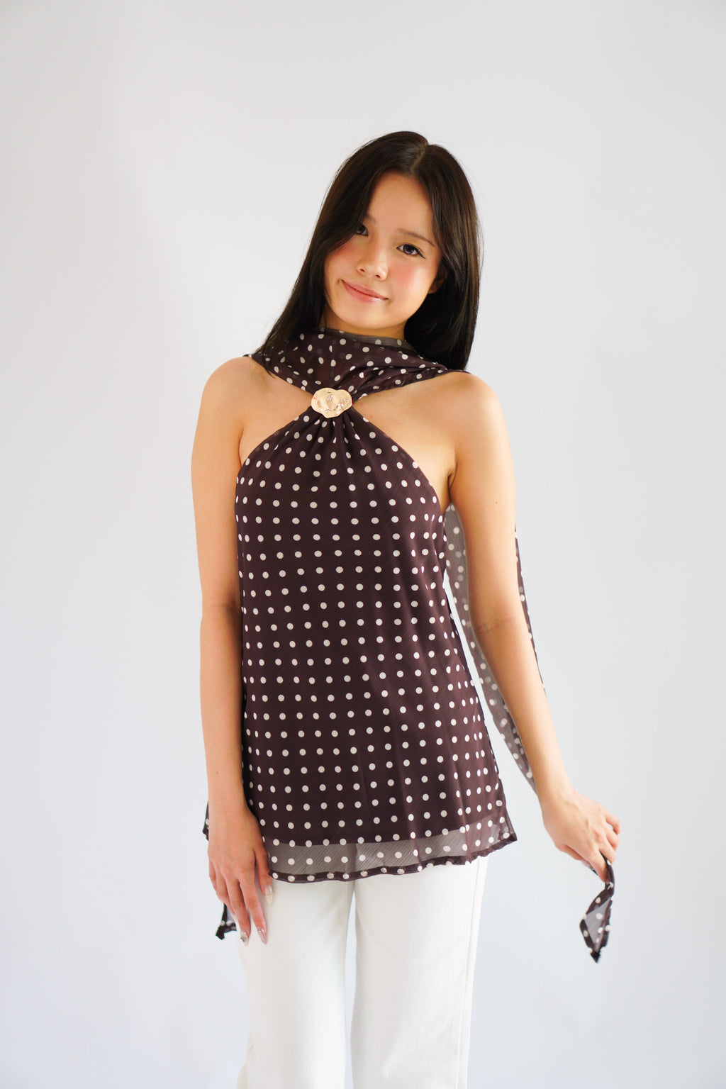 Poana Polkadot Halter Top with Gold Clasp in Brown