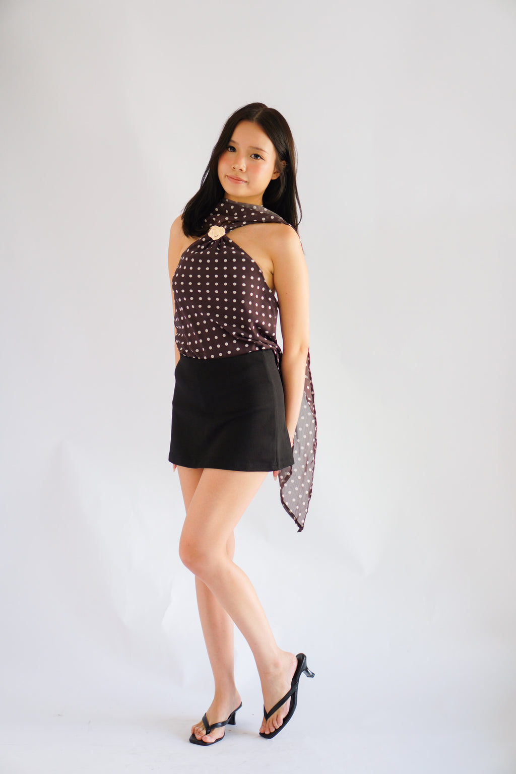 Poana Polkadot Halter Top with Gold Clasp in Brown