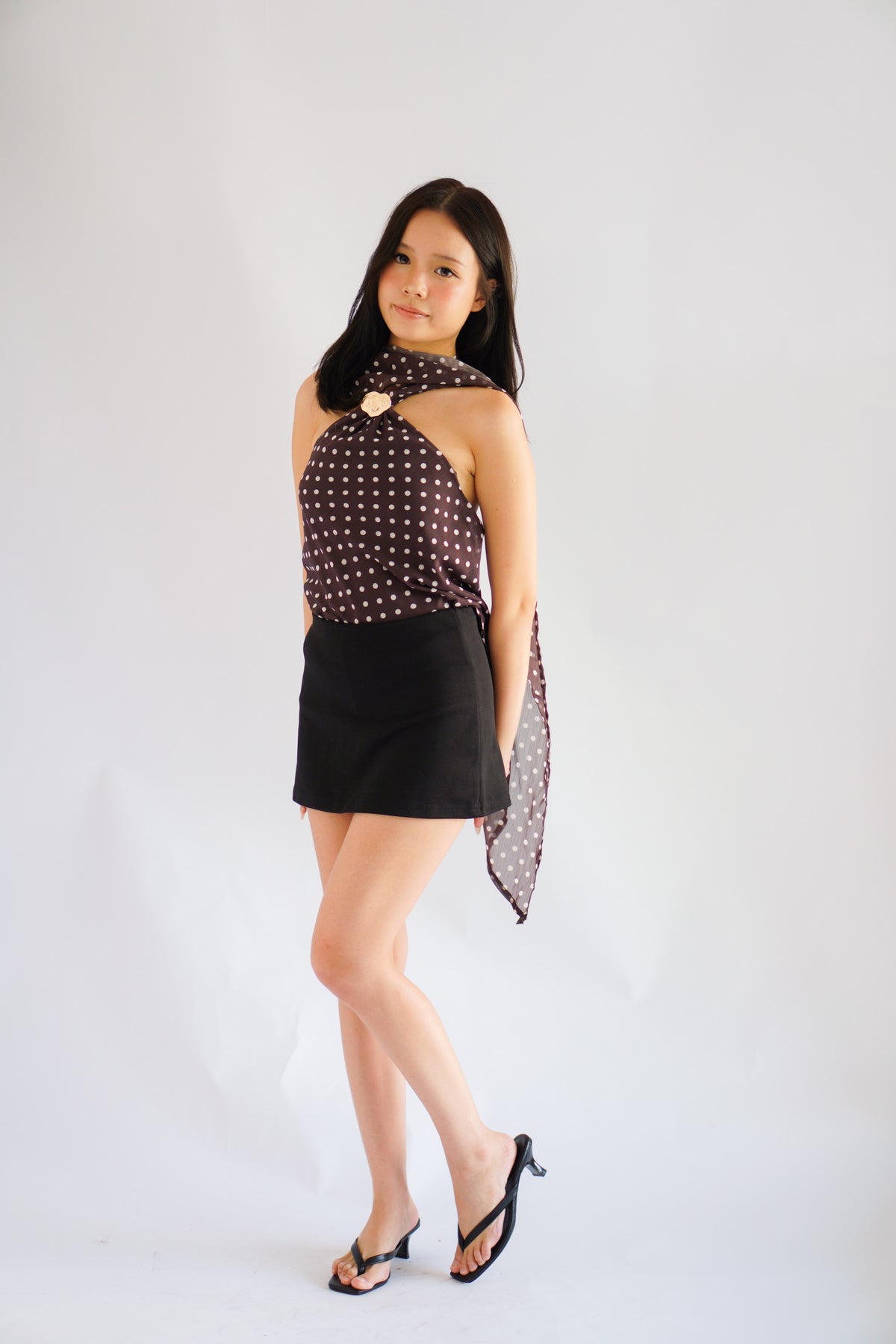 Poana Polkadot Halter Top with Gold Clasp in Brown