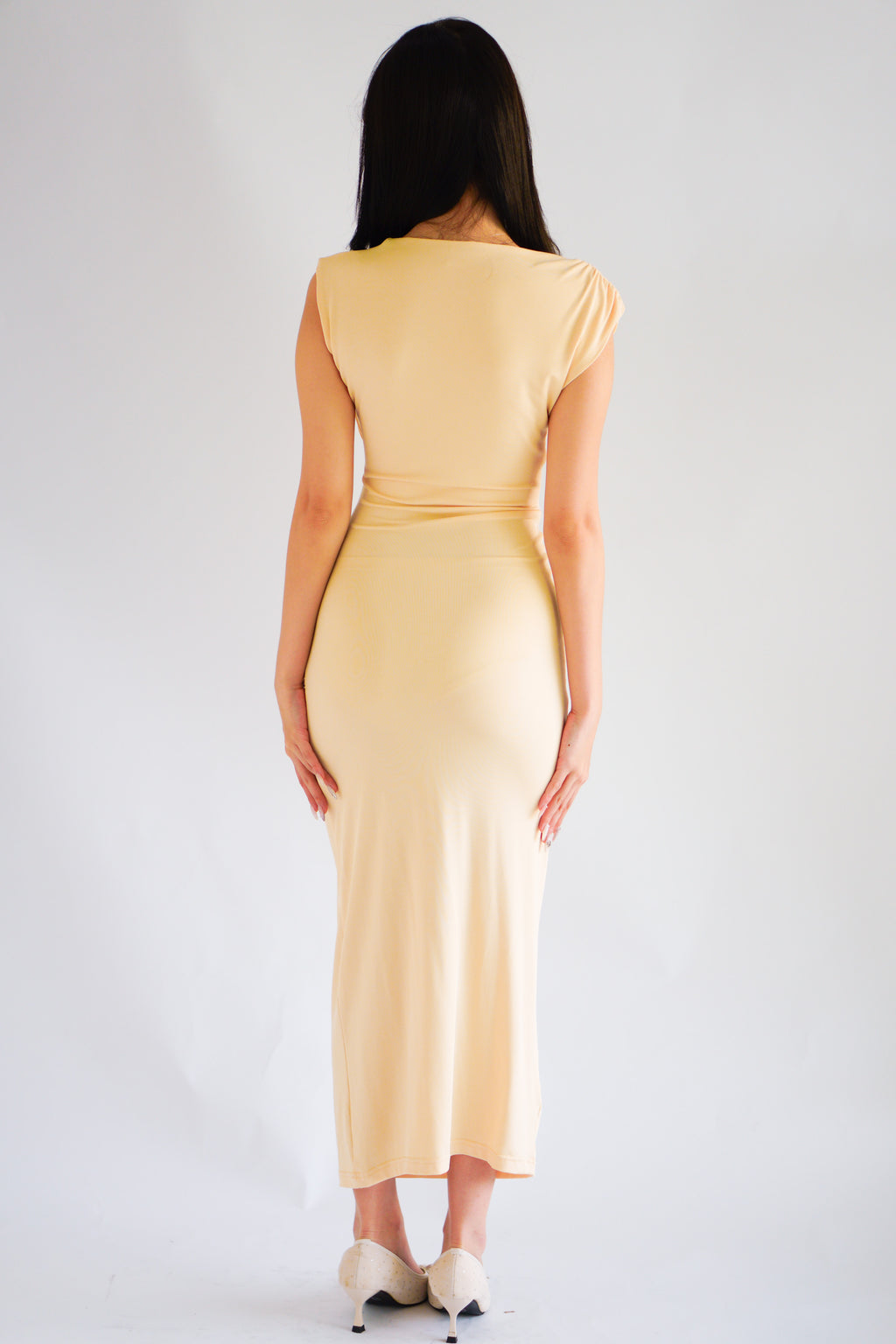 Kinzy Ruched Bodycon Maxi Dress in Yellow