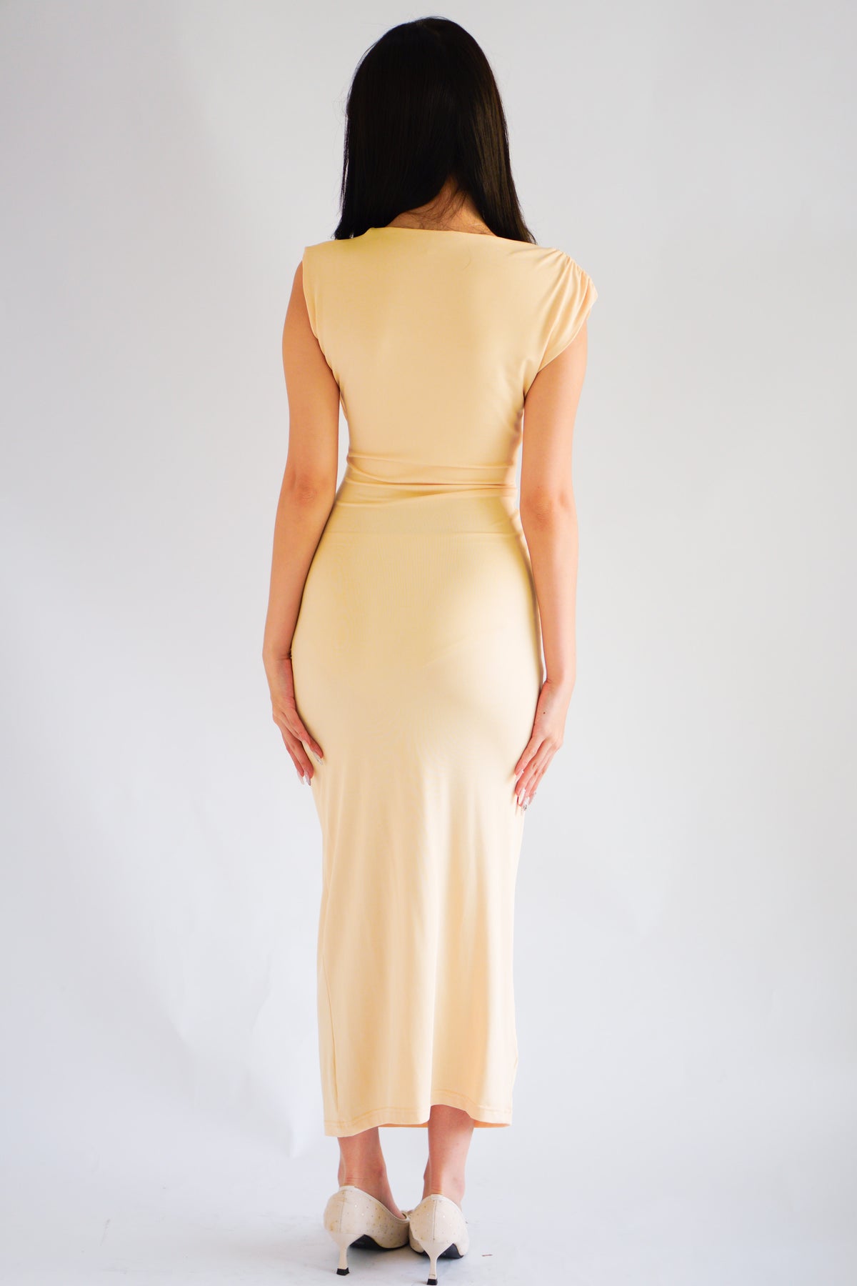 Kinzy Ruched Bodycon Maxi Dress in Yellow