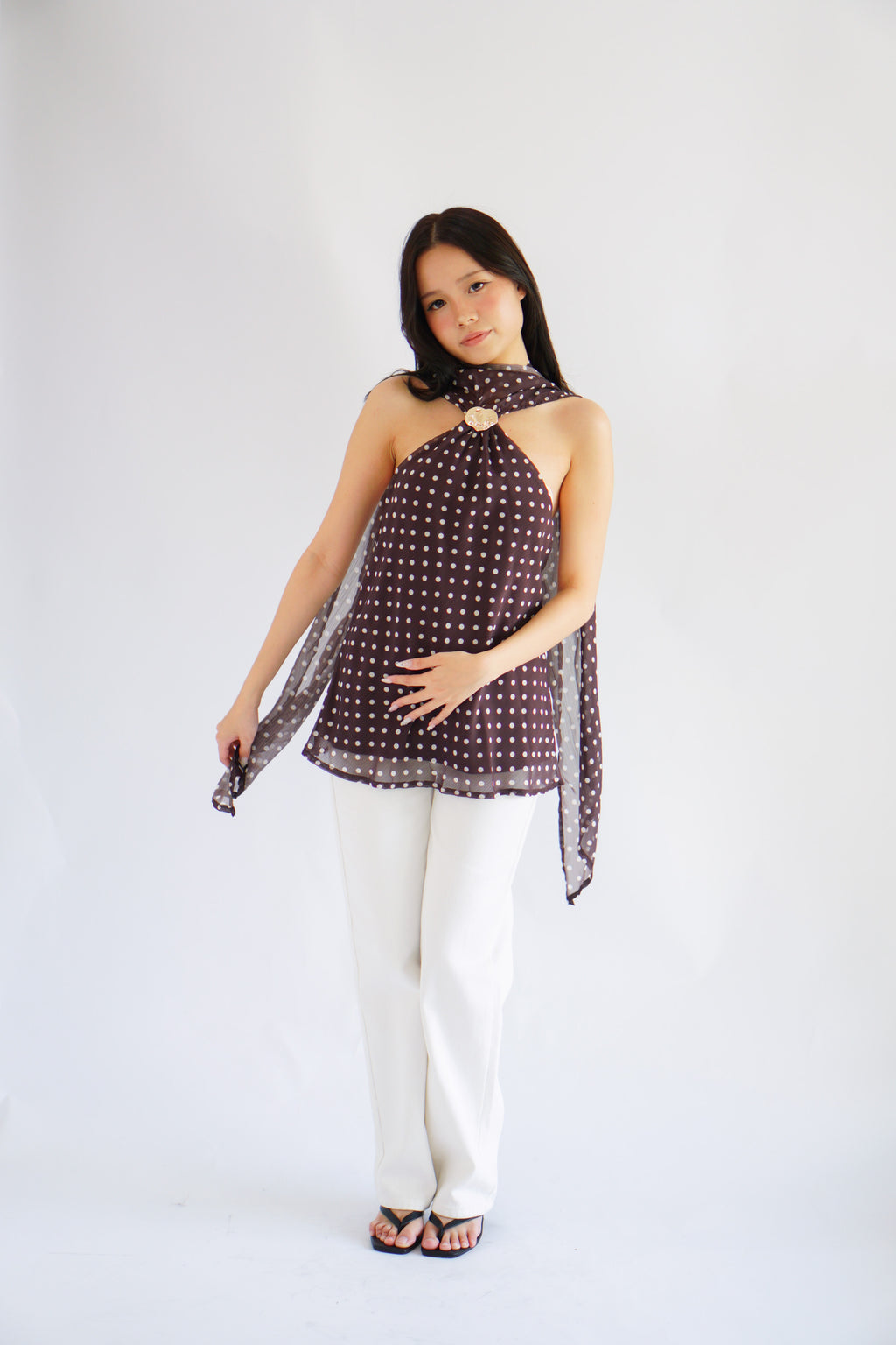 Poana Polkadot Halter Top with Gold Clasp in Brown