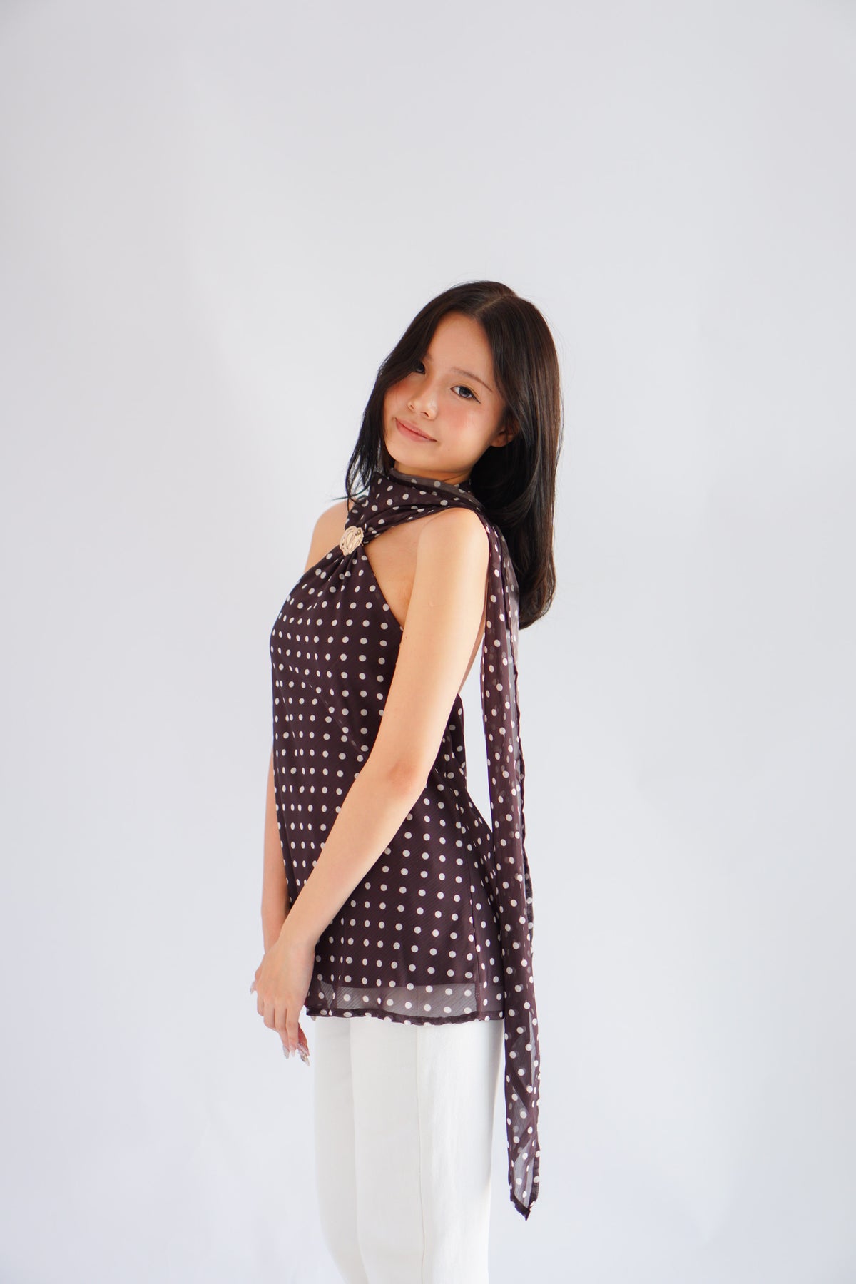 Poana Polkadot Halter Top with Gold Clasp in Brown