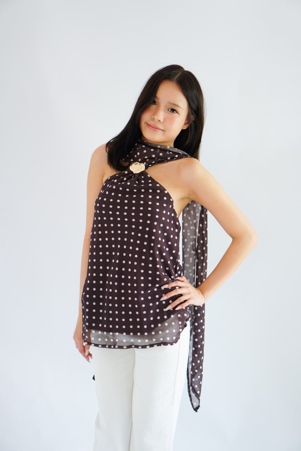Poana Polkadot Halter Top with Gold Clasp in Brown