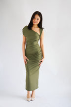 Kinzy Ruched Bodycon Maxi Dress in Green