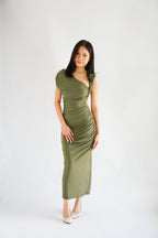 Kinzy Ruched Bodycon Maxi Dress in Green