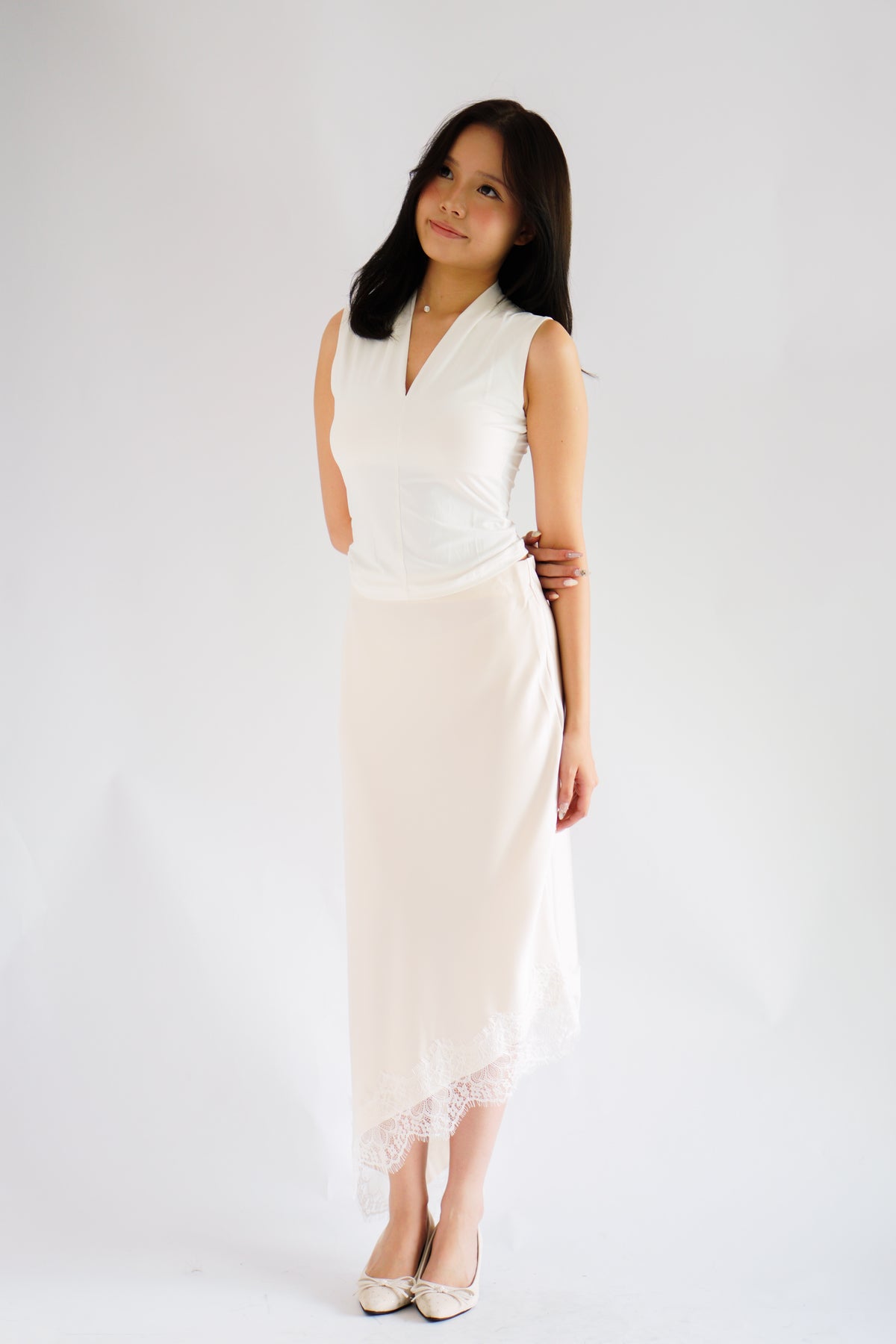 Suzette Asymmetrical Lace Satin Skirt in Ivory Cream