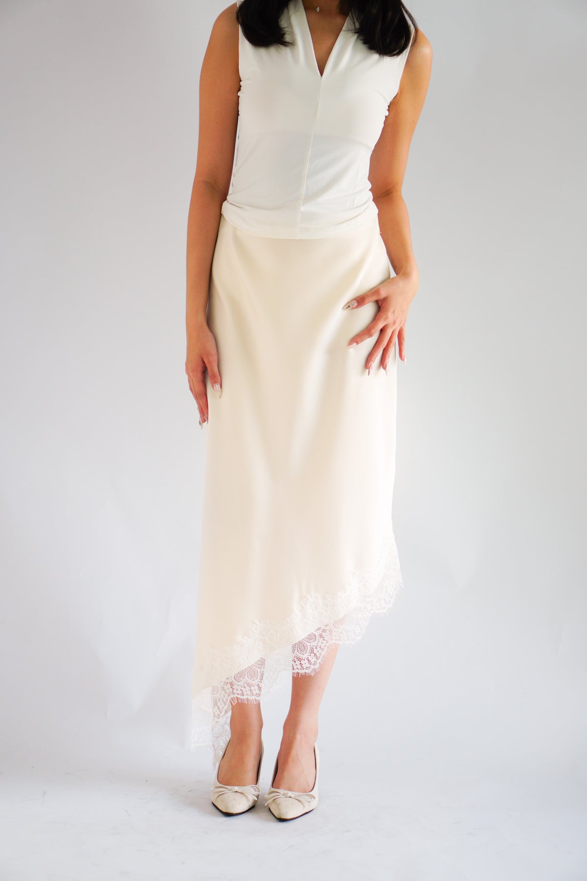 Suzette Asymmetrical Lace Satin Skirt in Ivory Cream