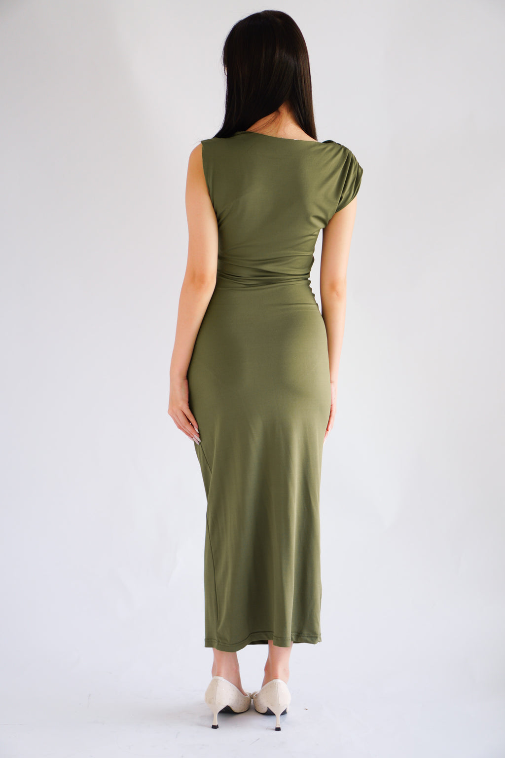 Kinzy Ruched Bodycon Maxi Dress in Green