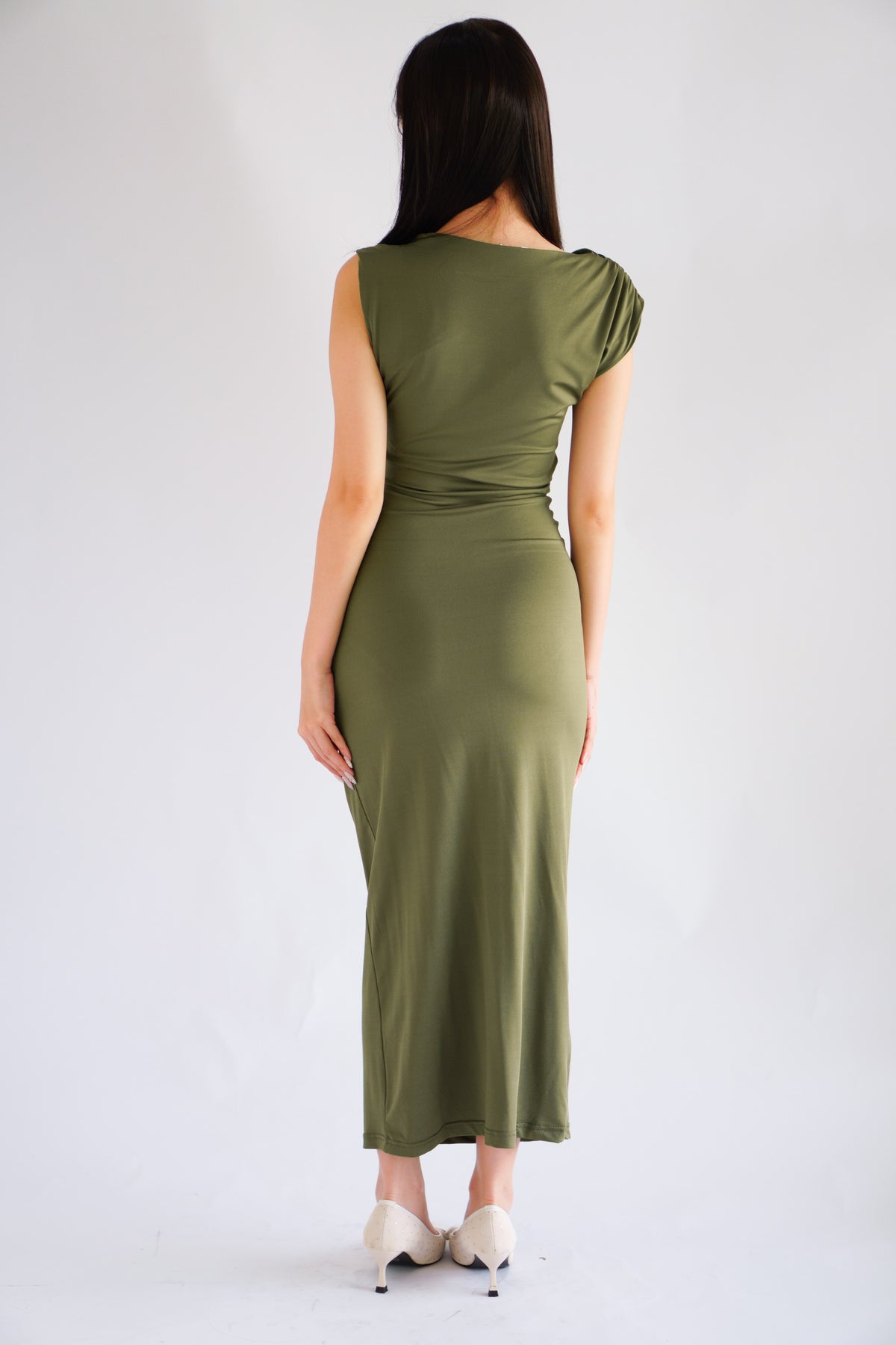 Kinzy Ruched Bodycon Maxi Dress in Green