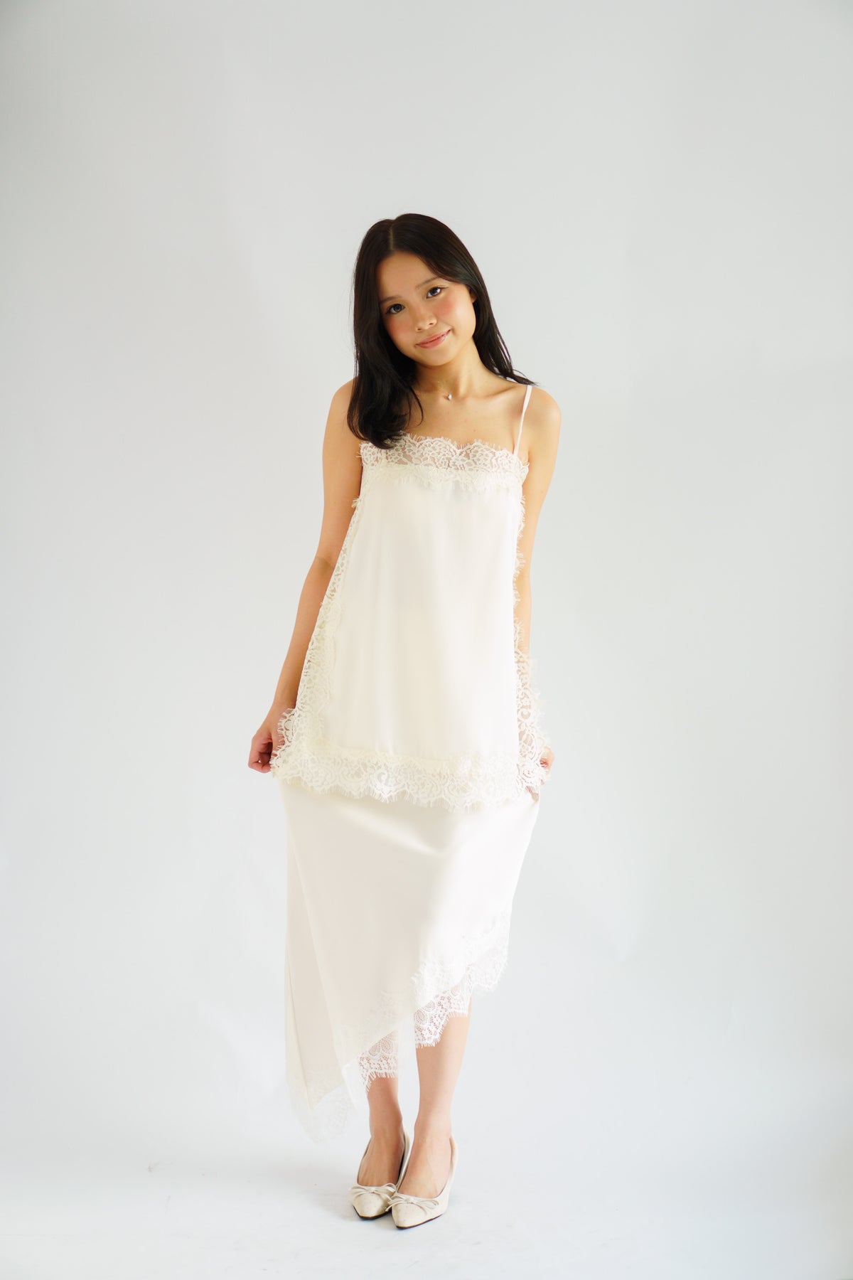 Suzette Asymmetrical Lace Satin Skirt in Ivory Cream