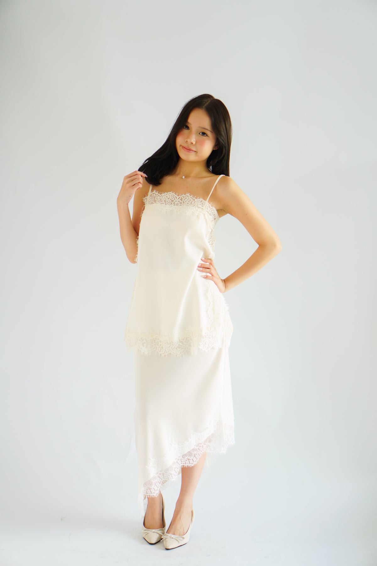 Suzette Asymmetrical Lace Satin Skirt in Ivory Cream