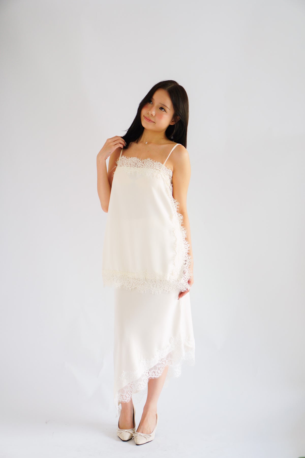 Suzette Asymmetrical Lace Satin Skirt in Ivory Cream