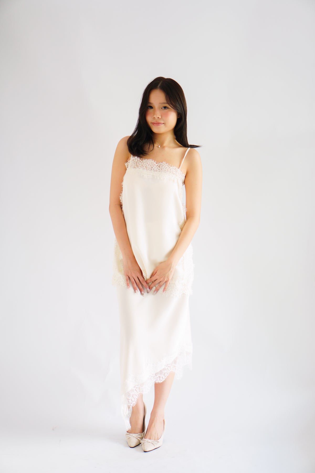 Suzette Asymmetrical Lace Satin Skirt in Ivory Cream