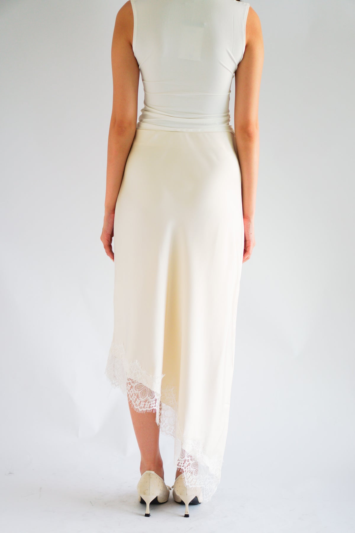 Suzette Asymmetrical Lace Satin Skirt in Ivory Cream
