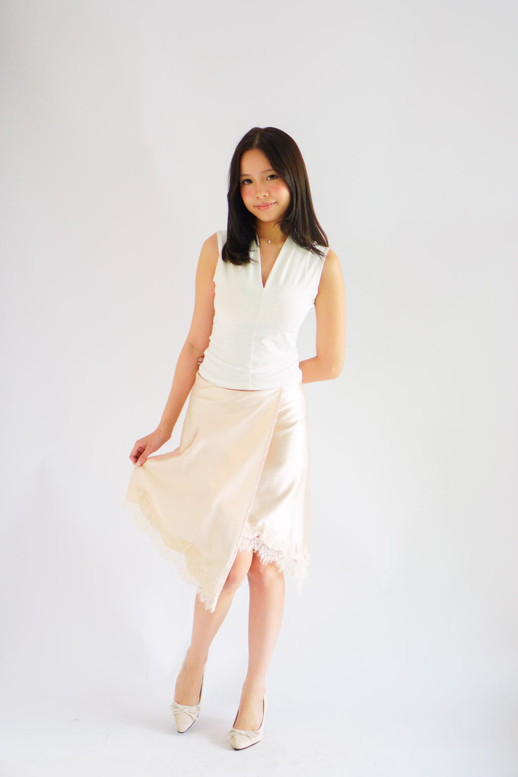 Arletta Lace Satin Asymmetrical Overlap Skirt in Cream