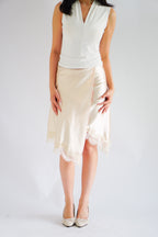 Arletta Lace Satin Asymmetrical Overlap Skirt in Cream